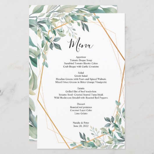 Elegant Eucalyptus Greenery Gold Wedding Menu (Voorkant / Achterkant)
