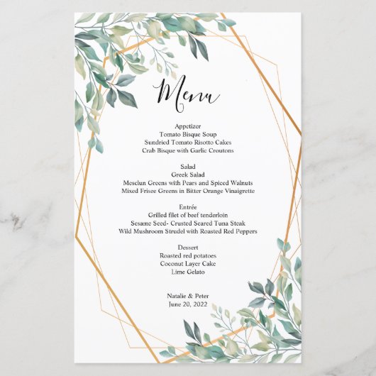 Elegant Eucalyptus Greenery Gold Wedding Menu (Voorkant)