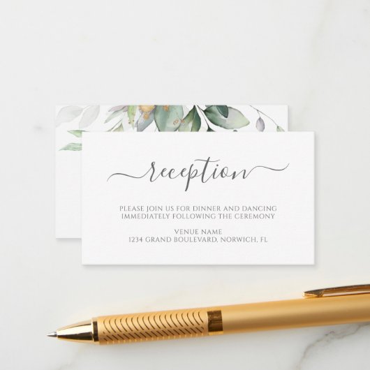 Elegant Eucalyptus Greenery Gold Wedding Reception Informatiekaartje (Voorkant / Achterkant in situ)