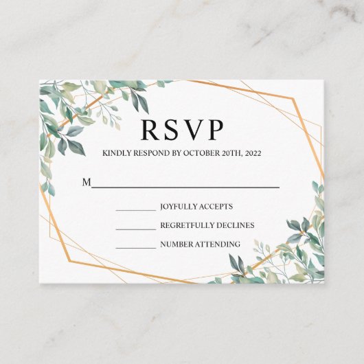 Elegant Eucalyptus Greenery Gold Wedding RSVP Informatiekaartje (Voorkant)