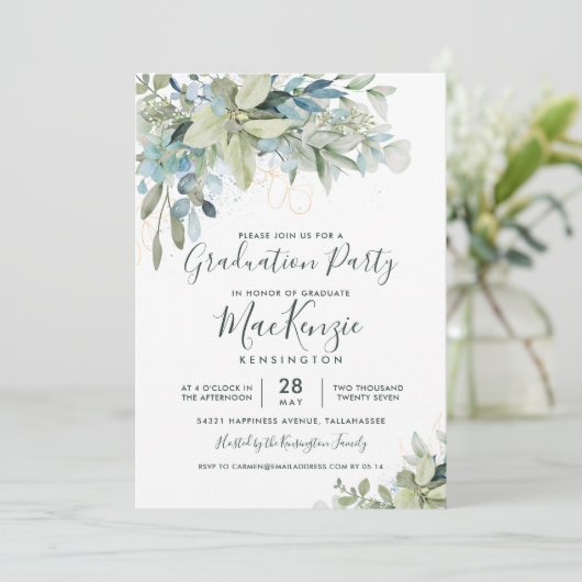 Elegant Eucalyptus Greenery Graduy Party Kaart (Staand voorkant)