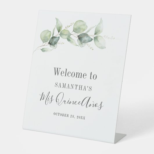 Elegant Eucalyptus Greenery leveert Mis Quince Ano Reclamebord Met Voetstuk (Voorkant)
