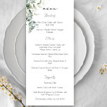 Elegant Eucalyptus Greenery Menu<br><div class="desc">Dit unieke botanische ontwerp heeft een kromme tak van sierlijke waterverf eucalyptusbladeren met sierlijke zilverkleurige geschilderde bladeren en witte wilde bloemen.</div>
