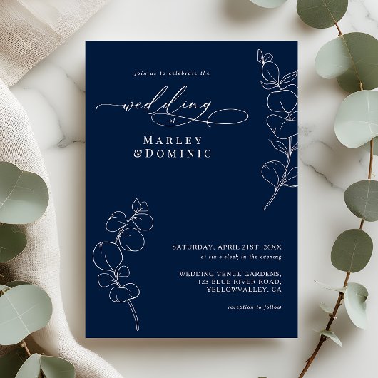 Elegant Eucalyptus Greenery Navy Blue Wedding Kaart