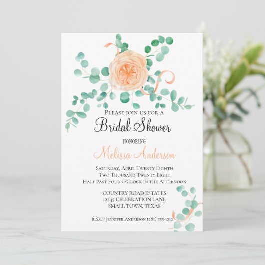 Elegant Eucalyptus Greenery Peach Floral Kaart (Staand voorkant)