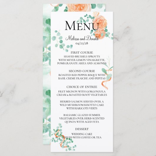 Elegant Eucalyptus Greenery Peach Floral Menu (Voorkant / Achterkant)