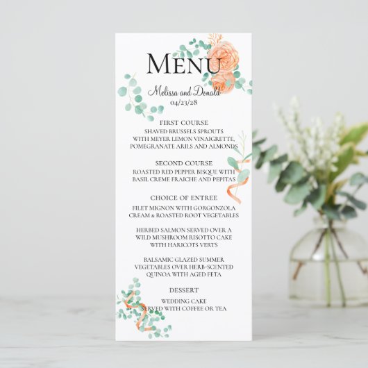 Elegant Eucalyptus Greenery Peach Floral Menu (Staand voorkant)