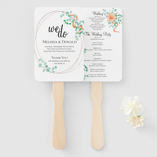 Elegant Eucalyptus Greenery Peach Floral Programme Handwaaier (Voorkant en achterkant)