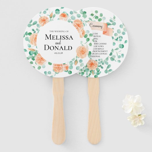 Elegant Eucalyptus Greenery Peach Floral Programme Handwaaier (Voorkant en achterkant)