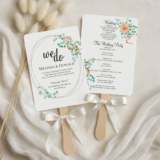 Elegant Eucalyptus Greenery Peach Floral Programme Handwaaier