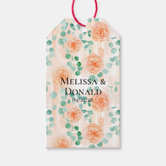 Elegant Eucalyptus Greenery Peach Floral Wedding Cadeaulabel (Voorkant)