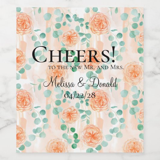 Elegant Eucalyptus Greenery Peach Floral Wijn Etiket (Enkel label)