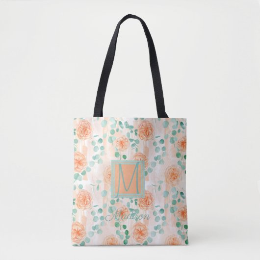 Elegant Eucalyptus Greenery Peach Trendy Monogram Tote Bag (Voorkant)