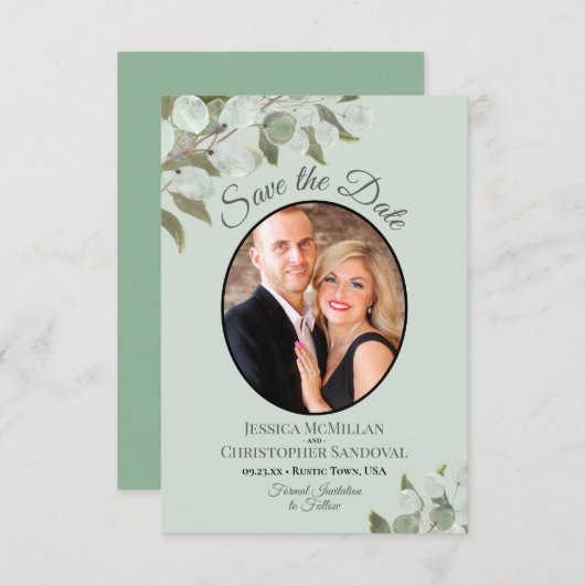 Elegant Eucalyptus Greenery & Photo Mint Wedding Save The Date (Voorkant / Achterkant)