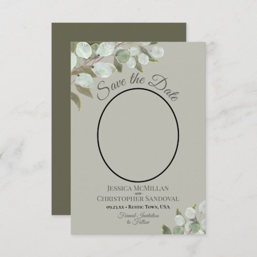 Elegant Eucalyptus Greenery & Photo Sage Wedding Save The Date (Voorkant / Achterkant)