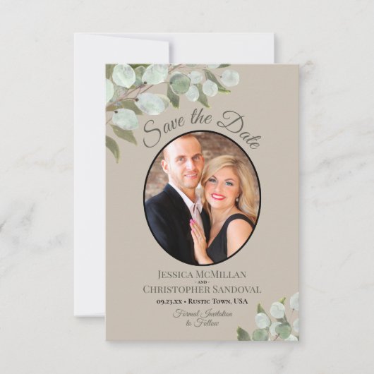 Elegant Eucalyptus Greenery & Photo Tan Wedding Save The Date (Voorkant)