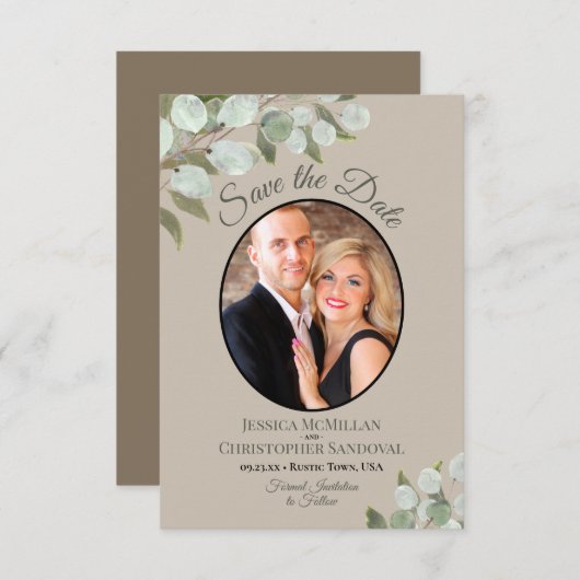 Elegant Eucalyptus Greenery & Photo Tan Wedding Save The Date (Voorkant / Achterkant)