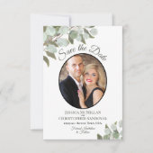 Elegant Eucalyptus Greenery & Photo White Wedding Save The Date (Voorkant)