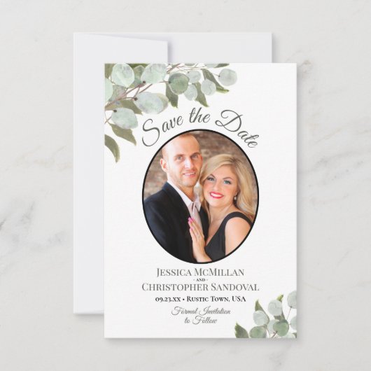Elegant Eucalyptus Greenery & Photo White Wedding Save The Date (Voorkant)