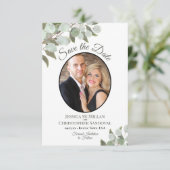 Elegant Eucalyptus Greenery & Photo White Wedding Save The Date (Staand voorkant)