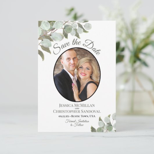 Elegant Eucalyptus Greenery & Photo White Wedding Save The Date (Staand voorkant)