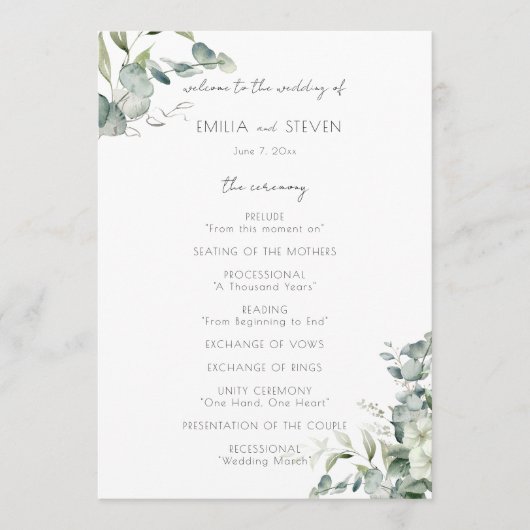 Elegant Eucalyptus Greenery Programmakaart (Voorkant)