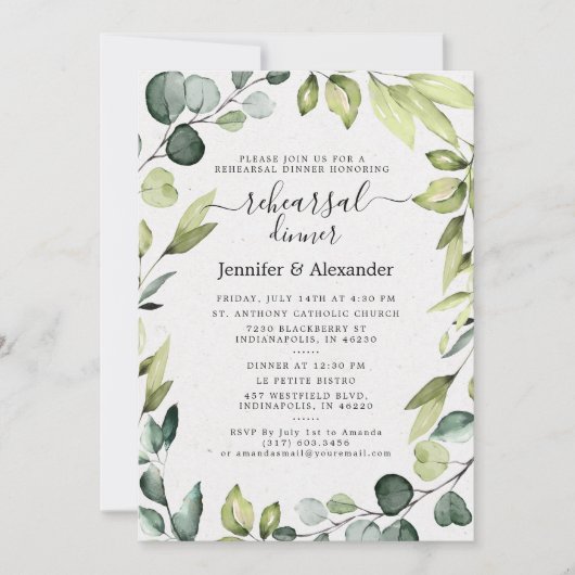 Elegant Eucalyptus Greenery Rehearsal Dinner Kaart (Voorkant)
