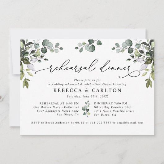 Elegant Eucalyptus Greenery Rehearsal Dinner Kaart (Voorkant)