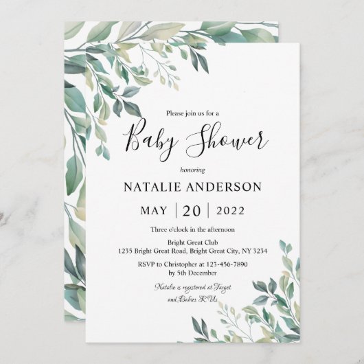 Elegant Eucalyptus Greenery Rustic Baby shower Kaart (Voorkant / Achterkant)