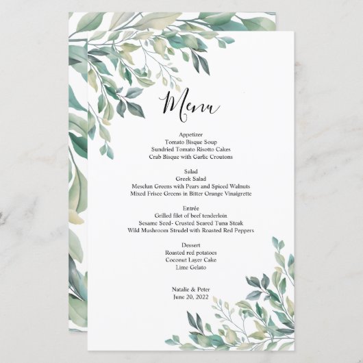 Elegant Eucalyptus Greenery Rustic Wedding Menu (Voorkant / Achterkant)