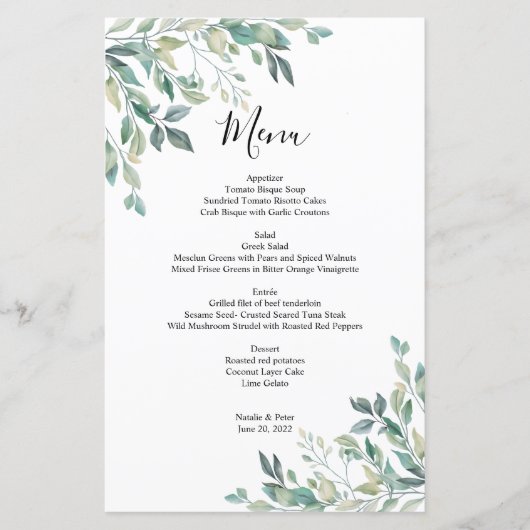 Elegant Eucalyptus Greenery Rustic Wedding Menu (Voorkant)