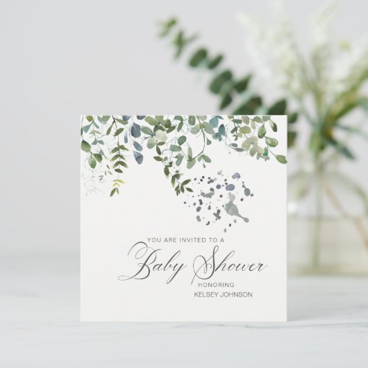 Elegant Eucalyptus Greenery Script Baby shower Kaart (Staand voorkant)