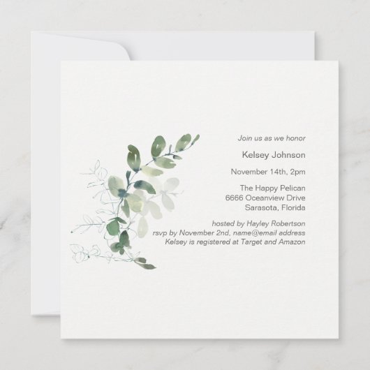 Elegant Eucalyptus Greenery Script Baby shower Kaart (Achterkant)
