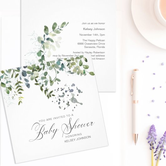 Elegant Eucalyptus Greenery Script Baby shower Kaart