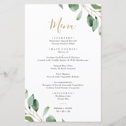 Elegant Eucalyptus Greenery Simple Wedding Menu (Voorkant)