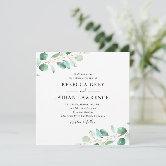 Elegant Eucalyptus Greenery Square Wedding Kaart (Staand voorkant)