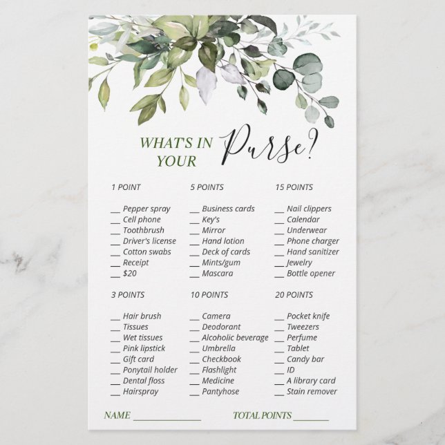 Elegant Eucalyptus Greenery Vrijgezellenfeest Game (Voorkant)