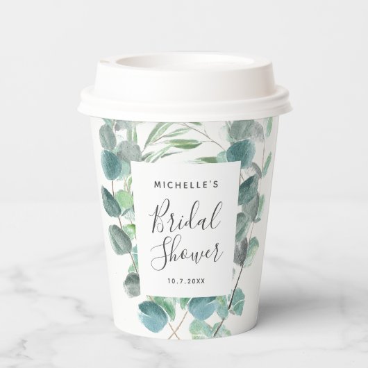 Elegant Eucalyptus Greenery Vrijgezellenfeest Name Papieren Bekers (Achterkant)