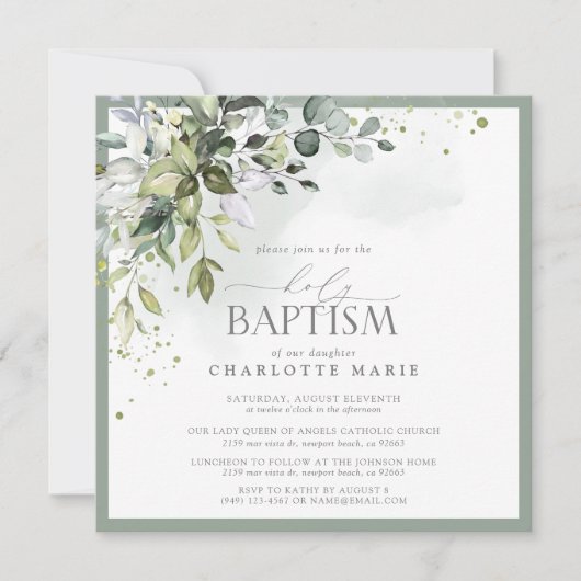 Elegant Eucalyptus Greenery Waterverf Baptisme Kaart (Voorkant)