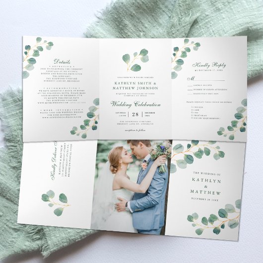 Elegant Eucalyptus Greenery Waterverf Wedding Drieluik Uitnodiging