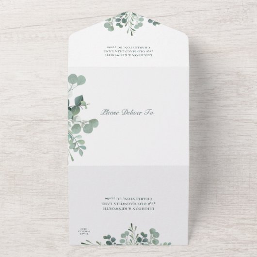 Elegant Eucalyptus Greenery Weddenschap in één Inv All In One Uitnodiging (Buitenkant)
