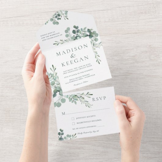 Elegant Eucalyptus Greenery Weddenschap in één Inv All In One Uitnodiging (Afscheurbaar)