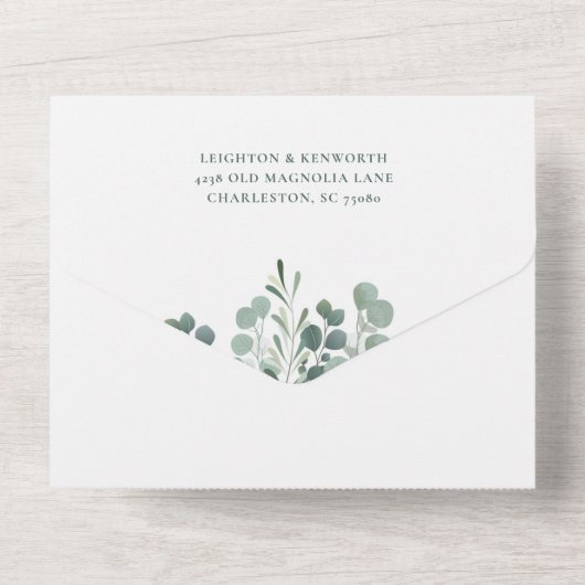 Elegant Eucalyptus Greenery Weddenschap in één Inv All In One Uitnodiging (Achterkant)