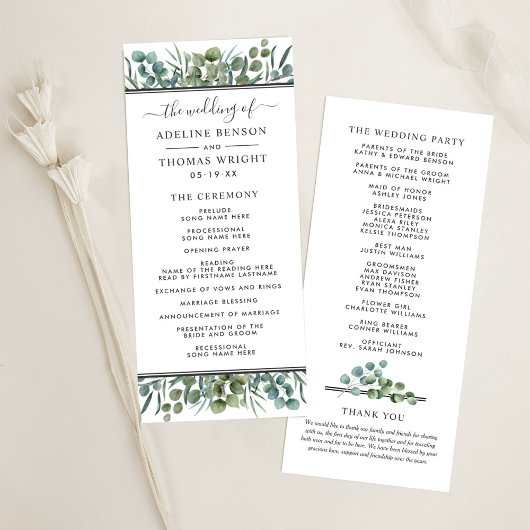 Elegant Eucalyptus Greenery Wedding Ceremony Programmakaart