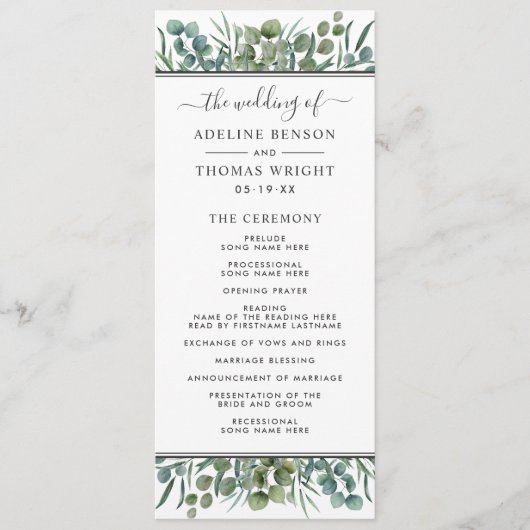 Elegant Eucalyptus Greenery Wedding Ceremony Programmakaart (Voorkant)