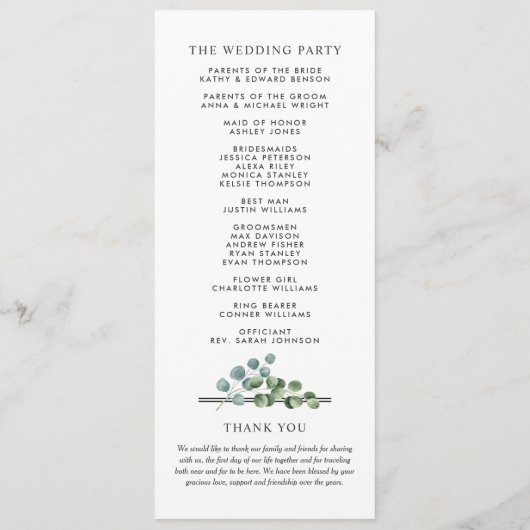 Elegant Eucalyptus Greenery Wedding Ceremony Programmakaart (Achterkant)
