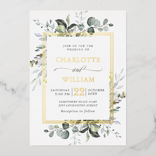 Elegant Eucalyptus Greenery Wedding Gold Foil Invi Folie Uitnodiging (Voorkant)