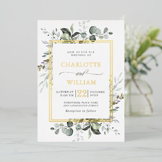 Elegant Eucalyptus Greenery Wedding Gold Foil Invi Folie Uitnodiging (Staand Voorkant)