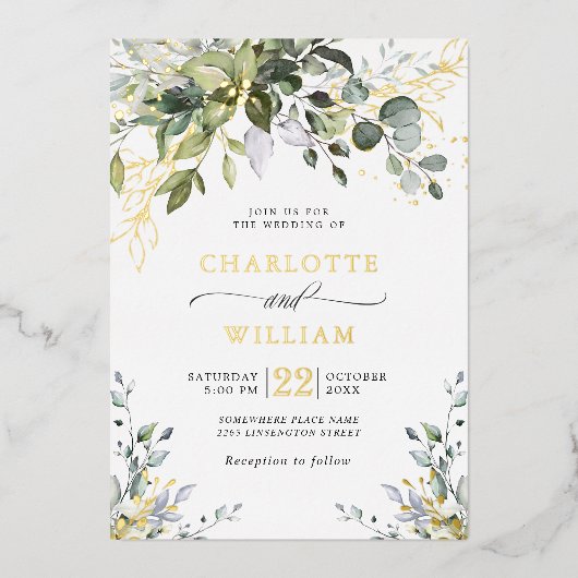 Elegant Eucalyptus Greenery Wedding Gold Folie Uitnodiging (Voorkant)
