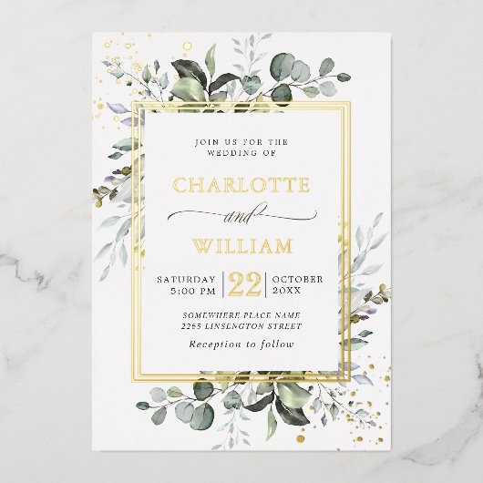 Elegant Eucalyptus Greenery Wedding Gold Folie Uitnodiging (Voorkant)